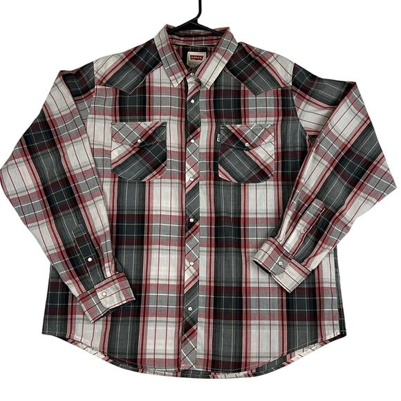 Vintage Levi’s Pearl Snap Western Shirt Plaid Red White Gray Size XL - Picture 1 of 9